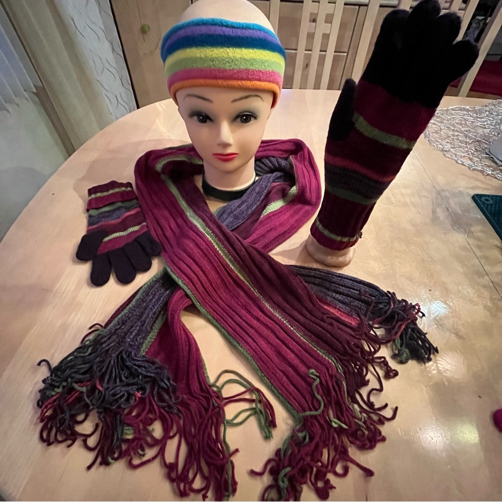 Multicolor striped scarf & gloves matching set - extra headband added for free